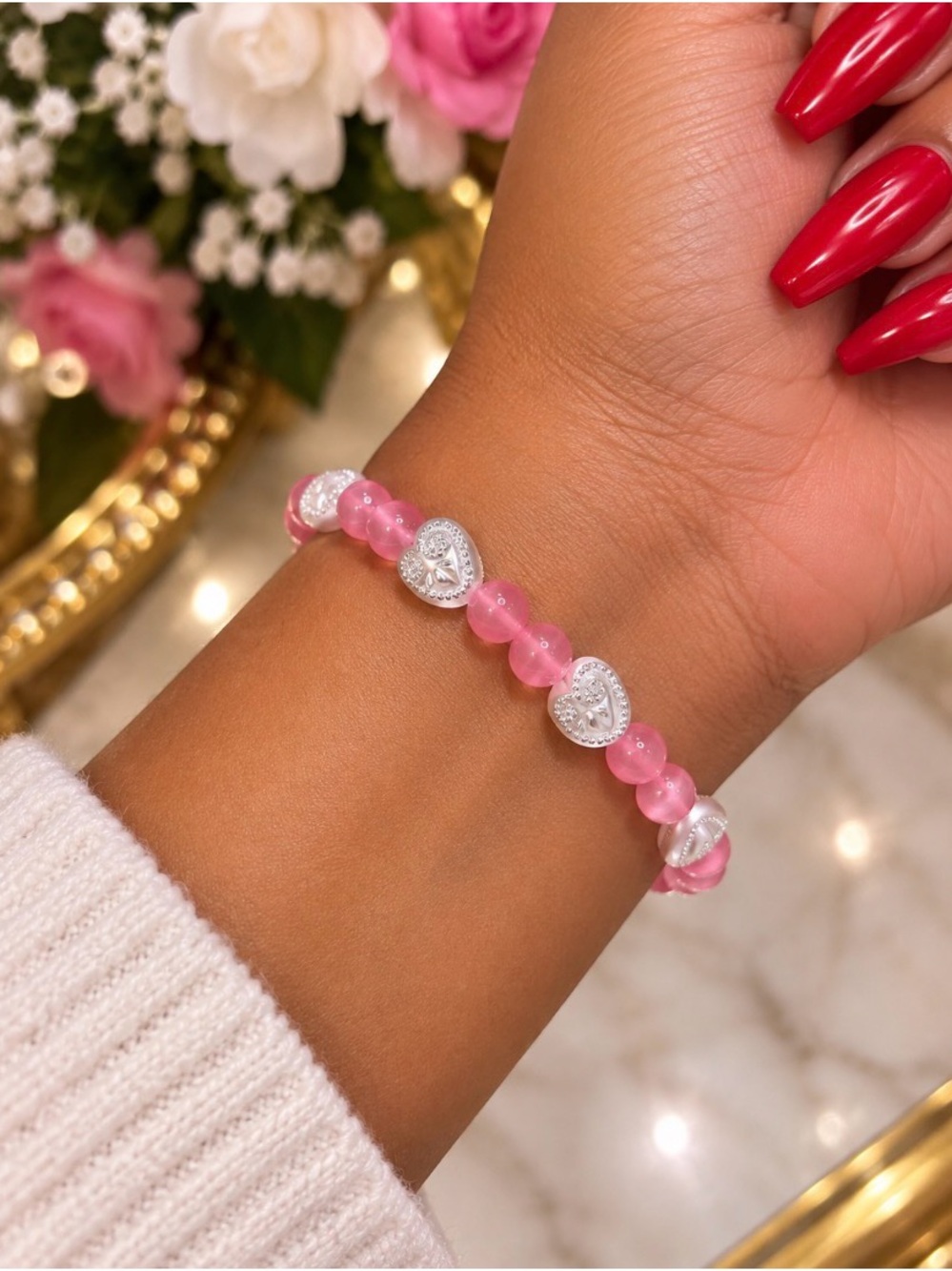 Pink Bead Bracelet with Pearl-toned Heart Accents Beads - Handcrafted Jewelry